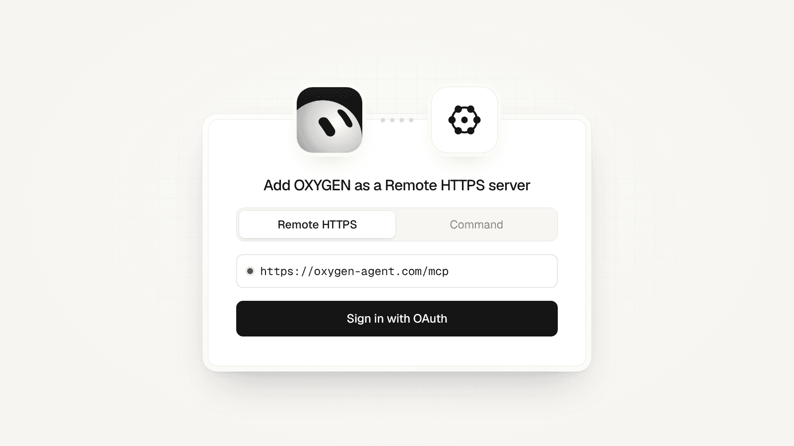 A connect card with the Grok Bot mark linked to the OXYGEN mark: Remote HTTPS, https://oxygensequence.com/mcp, and Sign in with OAuth.